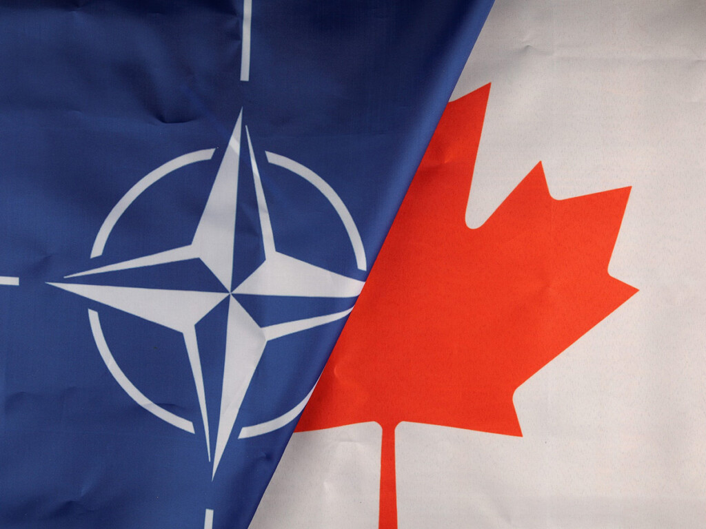 A split image featuring the NATO and Canadian flags.
