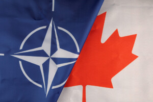 A split image featuring the NATO and Canadian flags.