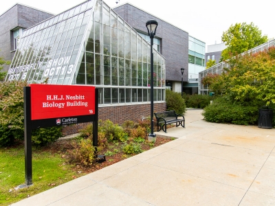 An exterior view of the Nesbitt Biology Building on a cloudy fall day.