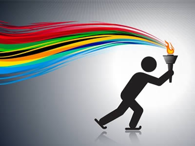 An outline of a person skating and holding an Olympic torch. A stream of Olympic ring colours trail behind the figure.