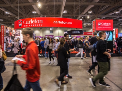 Scenes from Carleton's booth at the annual Ontario Universities' Fair in September 2019.