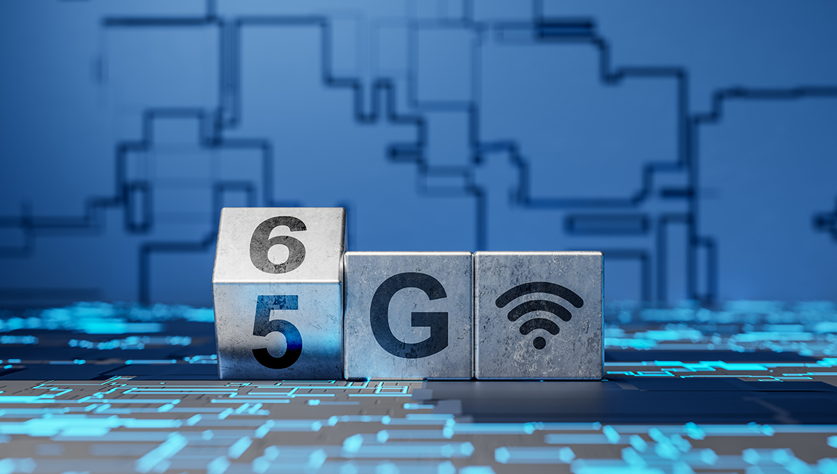 A block changing from a 5 to a 6, a transformation from 5G to 6G