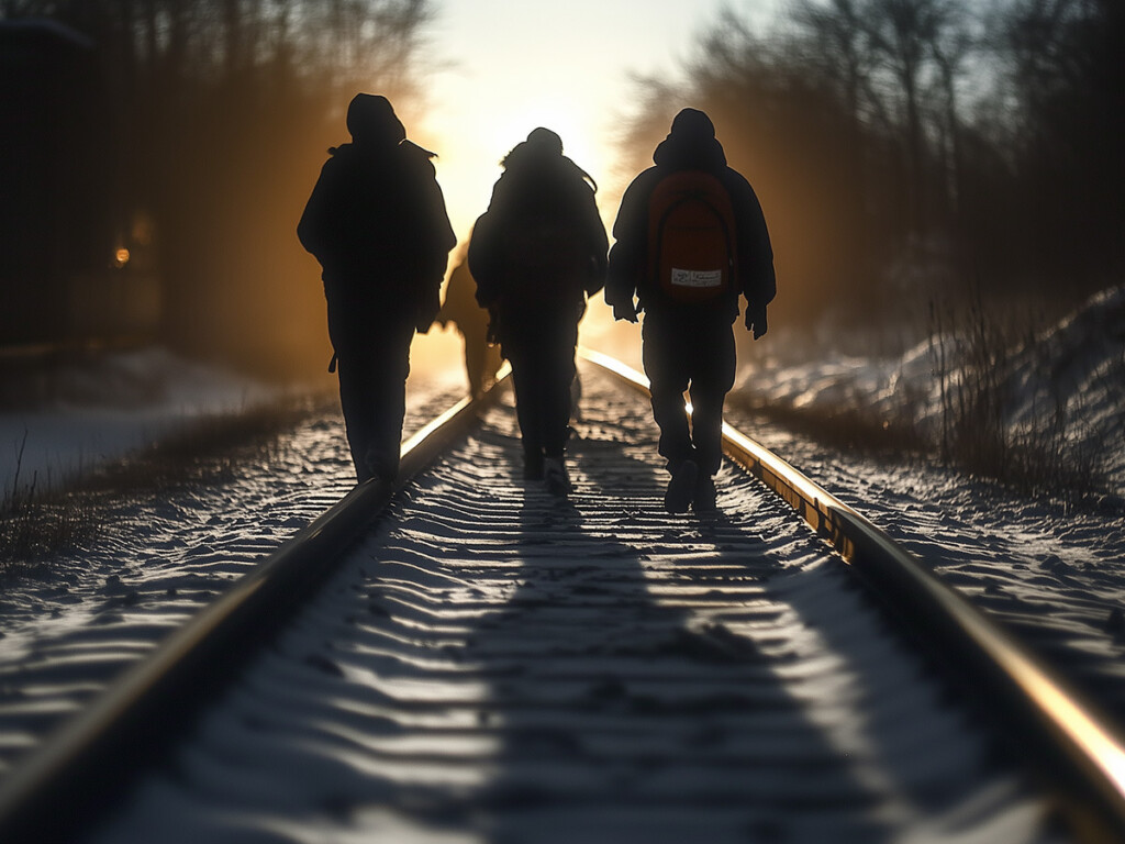 People wearing backpacks walking down train tracks away from the camera.