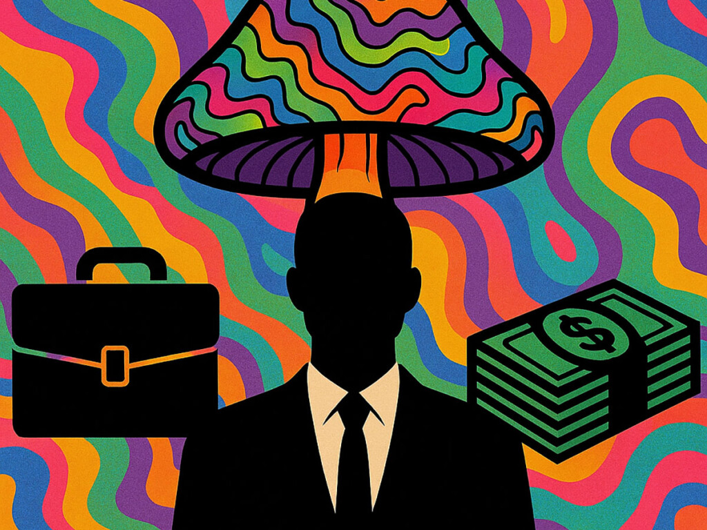 A mushroom, briefcase and stack of money on a psychedelic background to represent capitalism.