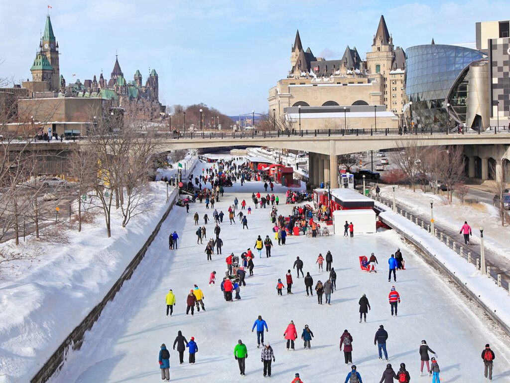An aerial view of people skating on the Rideau Canal Skateway