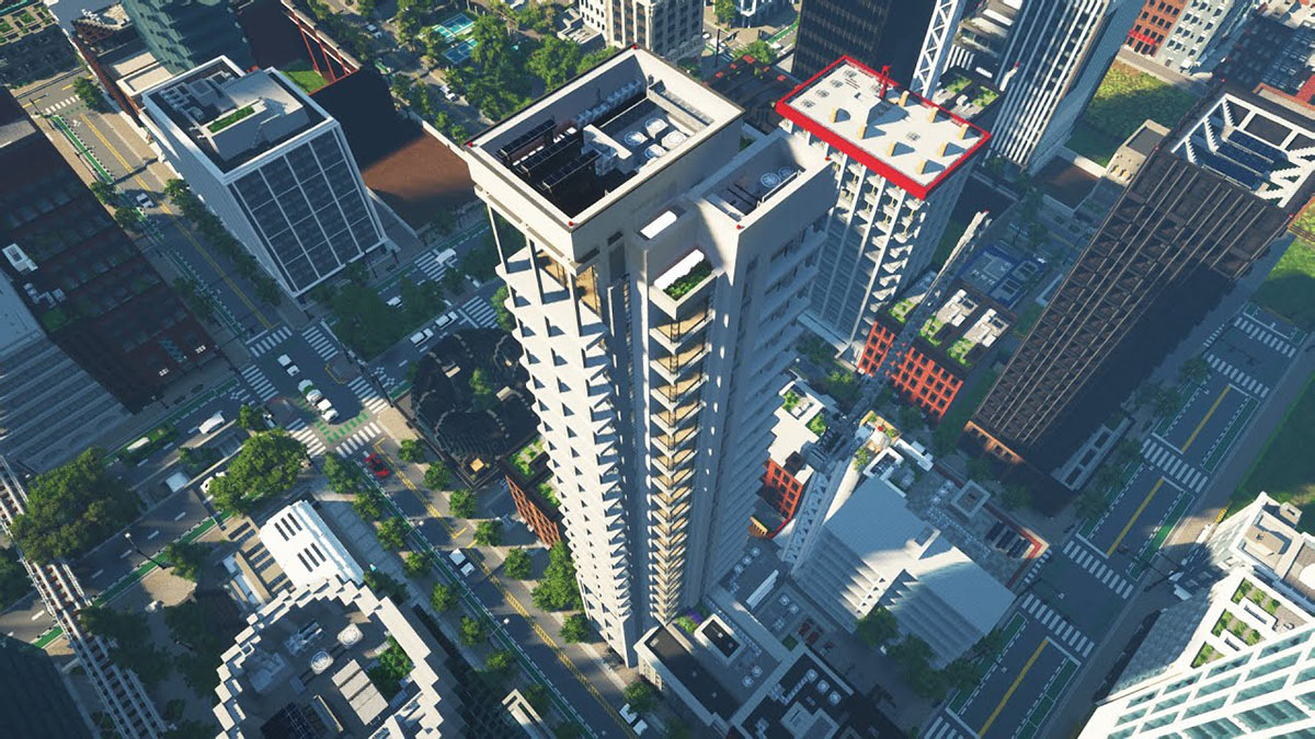 A condo tower designed in Minecraft.