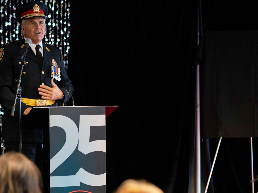 An Ottawa police representative speaks at a podium. Carleton's special constables marked their 25th anniversary in Oct. 2018 with a celebration that recognized its partnership with the Ottawa Police Service.