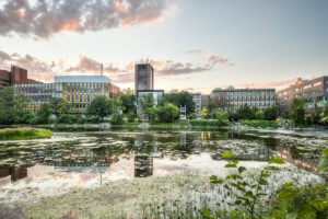 A shot of Carleton's campus across the Rideau River