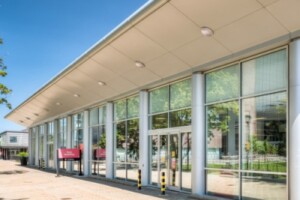 The front entrance of the Tory Building in summer