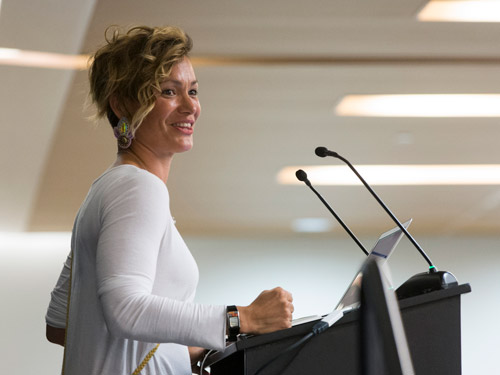 Olympic gold medalist, human rights activist and FASS alumna, Waneek Horn-Miller, who delivered a lecture on free speech on university campuses during Throwback.