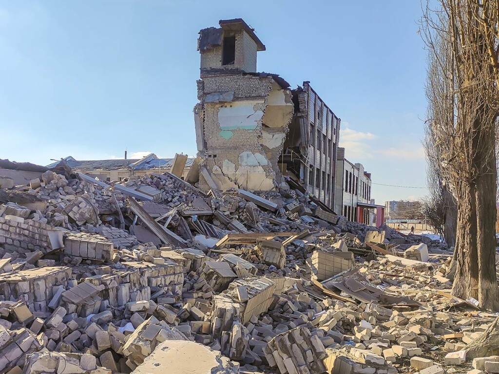 A severely damaged building in Kharkiv, Ukraine hit by a rocket during in 2022