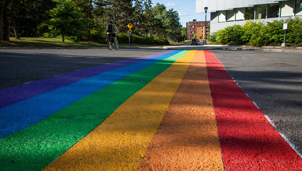 Photo of the The Carleton University Students’ Association and the Gender and Sexuality Resource Centre worked with the university to install a rainbow-coloured crosswalk on Library Road in celebration of Capital Pride Week in Ottawa.