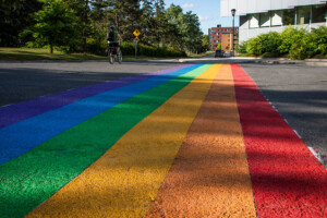 Photo of the The Carleton University Students’ Association and the Gender and Sexuality Resource Centre worked with the university to install a rainbow-coloured crosswalk on Library Road in celebration of Capital Pride Week in Ottawa.