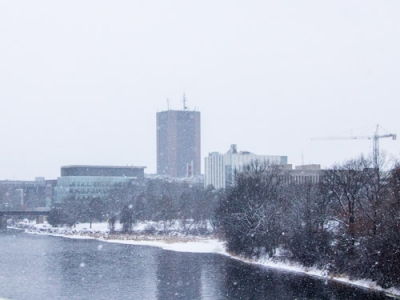 A view of campus on a snowy day