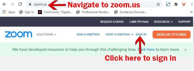 Location of sign in hyperlink on Zoom homepage