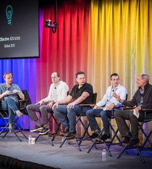 Nick Bostrom, Elon Musk, Nate Soares, and Stuart Russell talking about AI and existential risk. Photo taken at the Effective Altruism Global conference, Mountain View, CA, in August 2015.