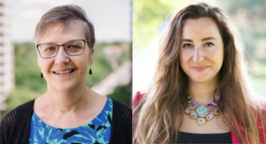 Two photos of women depict one (Cathy) with short hair and a blue and black shirt and a second (Susanna) with long hair and a red and black blouse. Both smile at the camera.