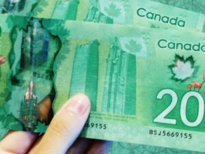 A hand holds a Canadian a few 20-dollar bills.
