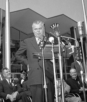 Prime Minister John Diefenbaker at the opening of the Hockey Hall of Fame in 1961.