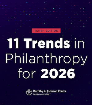 A dark blue report cover contains the title "11 Trends in Philanthropy for 2026"