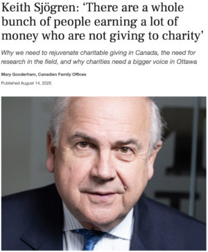 Above a photo of a man (Keith) is a headline quotation from him: "There are a whole bunch of people earning a lot of money who are not giving to charity."