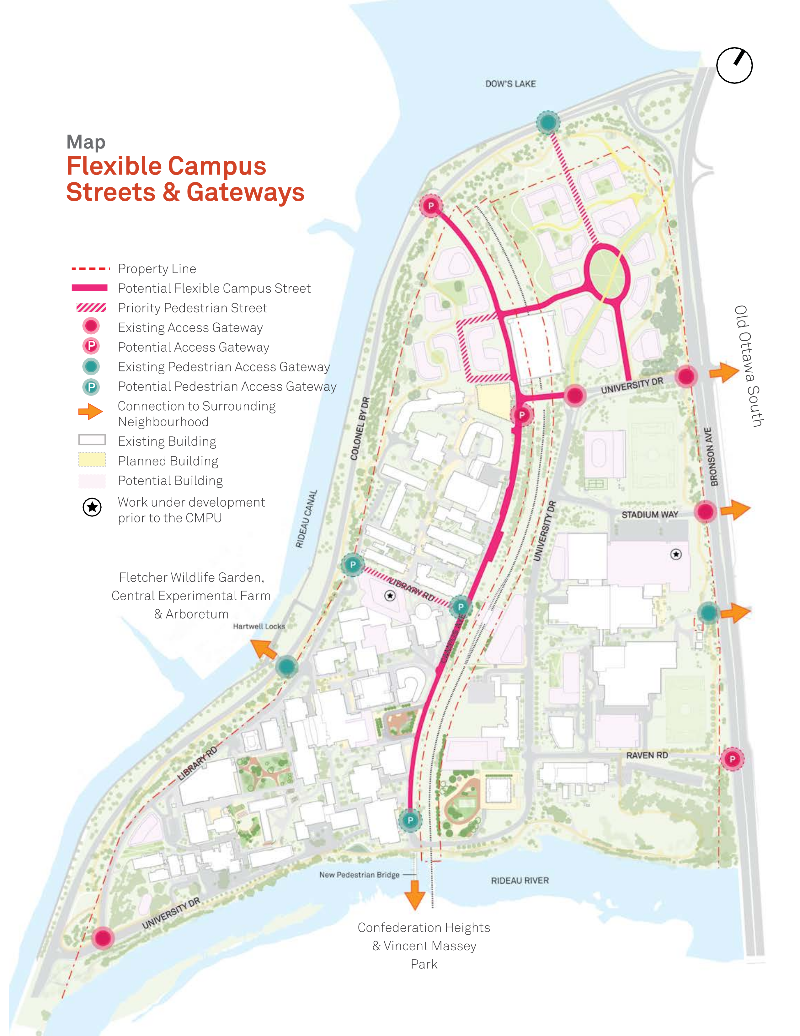 Aerial rendition of the flexible campus streets and gateways map