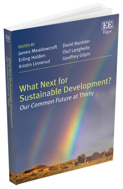 A photo of a book entitled What Next for Sustainable Development? Our Common Future at Thirty. Edited by James Meadowcroft, Erling Holden, Kristin Linnerud, David Banister, Oluf Langhelle, and Geoffrey Gilpin.