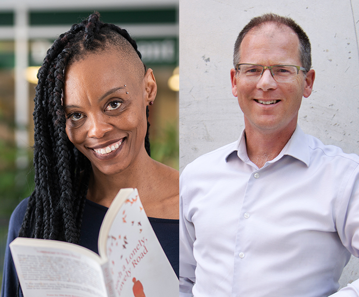 A side-by-side shot of Film Studies master’s student Kagiso Lesego Molope, who is smiling at the camera while reading a book, and Prof. Jonathan Malloy who is leaning against a small wall and smiling at the camera.
