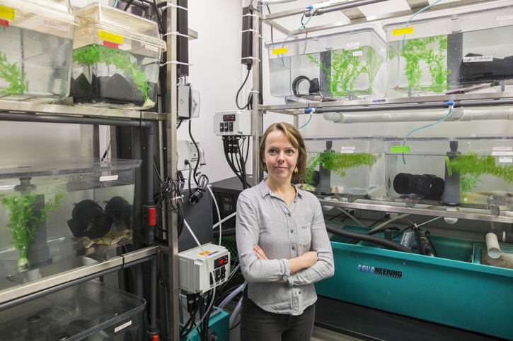 Hillary Maddin stands in her lab technical gear and aquariums surrounding her.