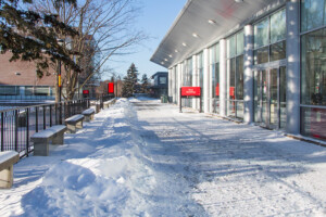 A wintertime photo of the outside of the Tory Building on the Carleton University campus.