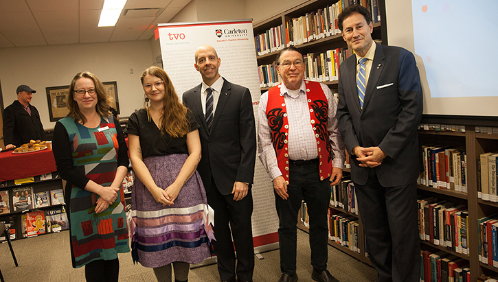 TVO Executive Producer Kathy Vey, TVO Indigenous Hub journalist Shelby Lisk, Carleton President Benoit-Antoine Bacon, Haida Elder Prof. John Kelly and The Agenda host Steve Paikin