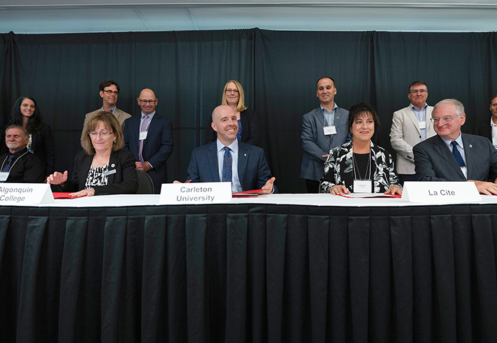 Algonquin College President Cheryl Jensen, President Bacon, La Cité collégiale President Lise Bourgeois and University of Ottawa President Jacques Frémont