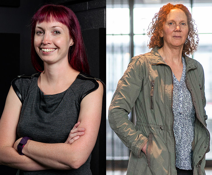 A side-by-side shot of Prof. Victoria McArthur posing for the camera in a dark production studio and Prof. Ruth McKay posing for the camera in the lobby of Carleton's Dunton Tower