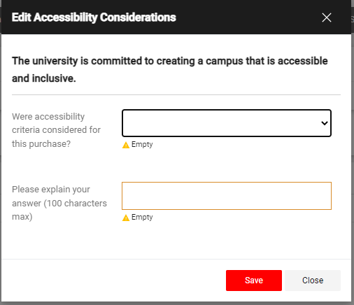 In the checkout stage of submitting the requisition, the user is asked if accessible criteria has been considered for the purchase.