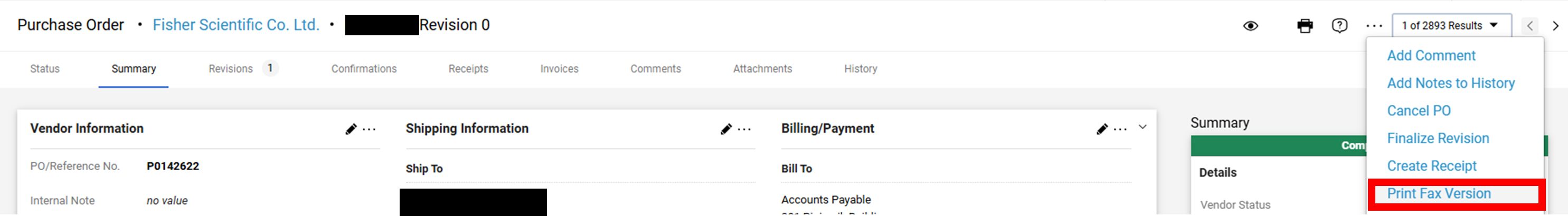 Screen shot of an eShop Purchase Order. The menu accessible from the top right of the screen is highlighted to show the option "Print Fax Version".