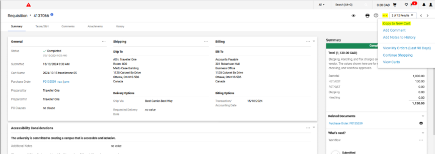 Screen shot of an eShop Purchase Requisition. The menu accessible from the top right of the screen is highlighted to show the option "Copy to New Cart".