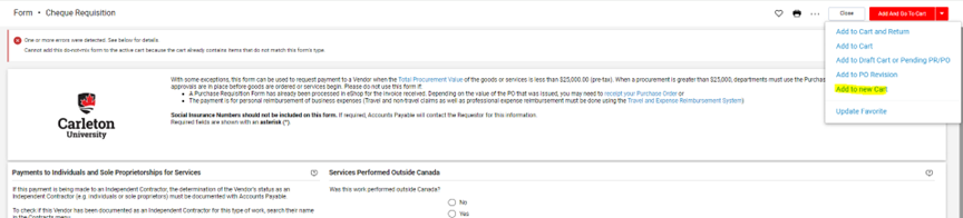 Screen shot of an eShop Cheque Requisition. The menu accessible from the top right of the screen is highlighted to show the option "Add to New Cart".