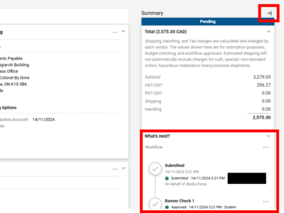 Screen shot of an eShop Purchase Requisition. The Summary pane is extended to show the status of the Requisition and the Workflow listing.