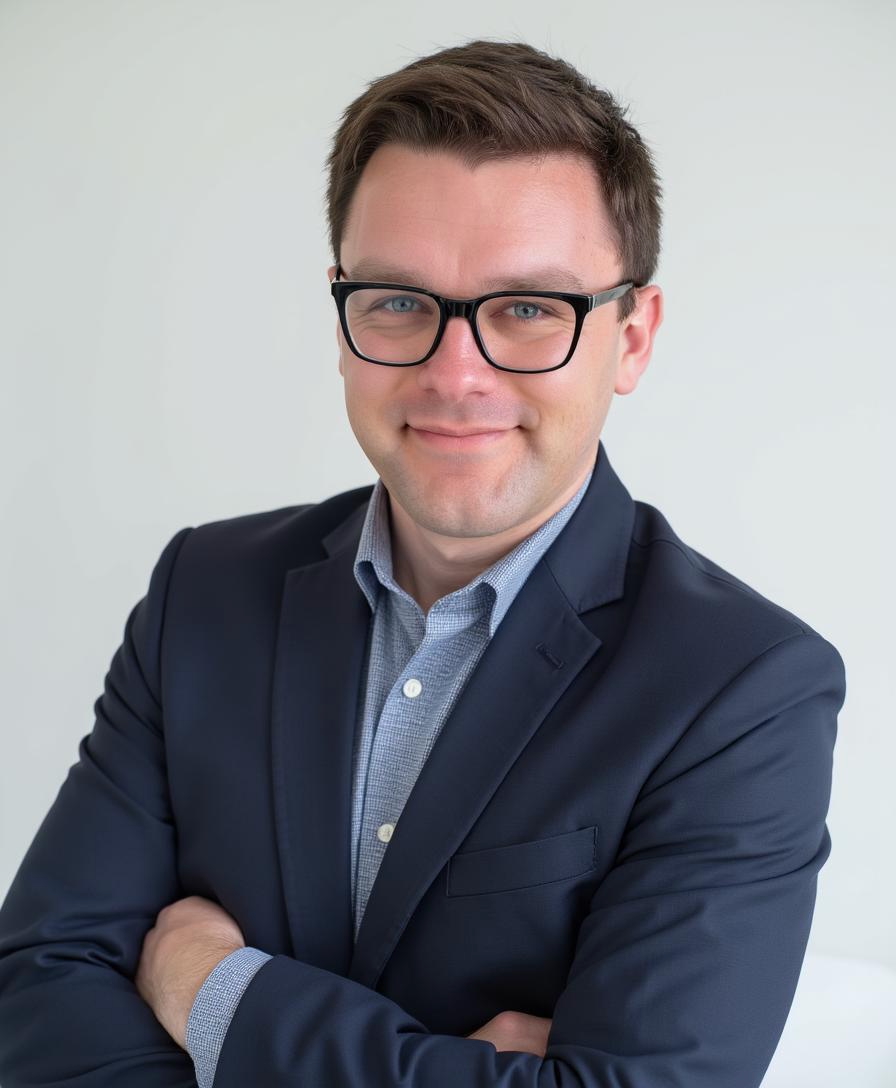 Man with brown short hair and glasses wearing a blue blazer and shirt, smiling and folding his arms. 