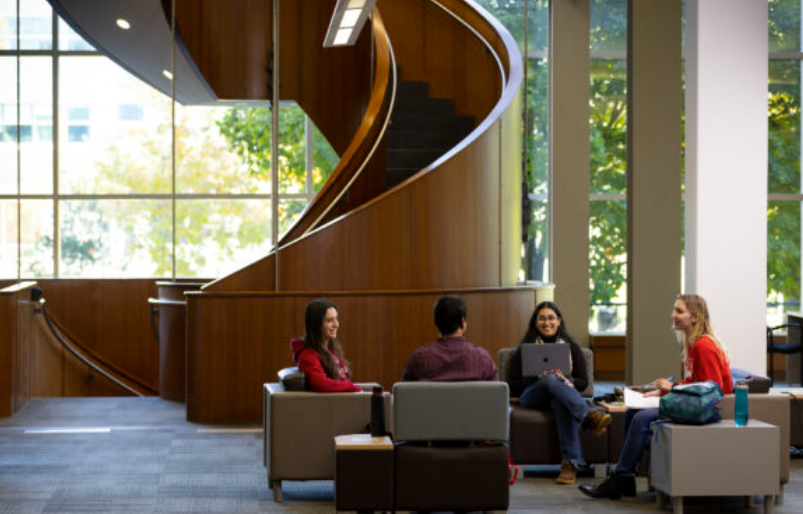 Two students sitting in lounge chairs looking out the window.