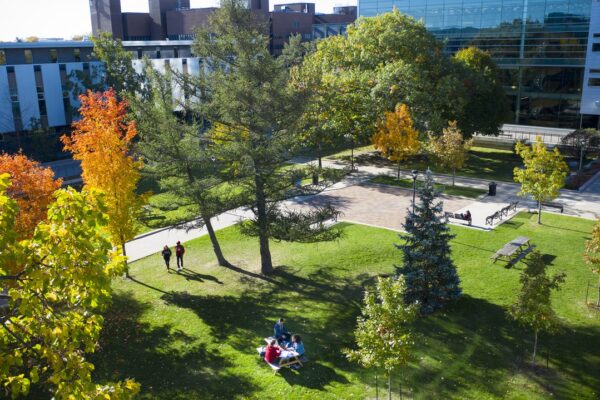 Aerial view of Carleton campus and students