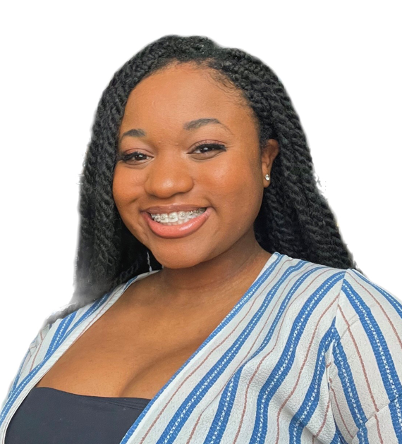 Lindsey has long black curly hair, braces and a red/blue and white blouse