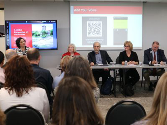 Carleton University community engaging with international panel of experts during A Global Perspective on Universities event