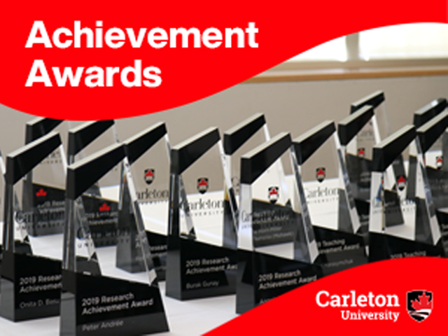 achievement awards trophies with the text achievement awards at the top and Carleton logo at the bottom