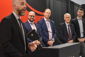 President Benoit-Antoine Bacon addresses the crowd at the launch of Carleton’s Future Learning Lab