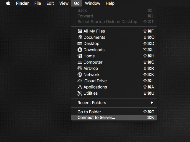 Screenshot of RCDC (MAC), the Finder menu's Go menu,
