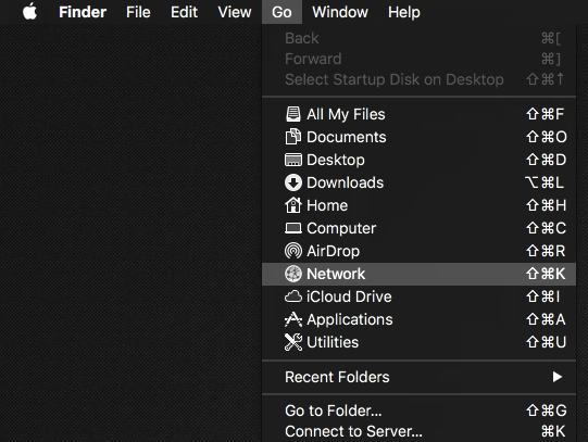 Screenshot of the Finder window's Go menu, with Network selected. 