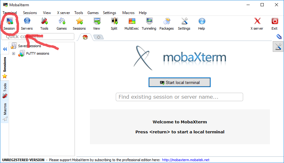 Image of the MobaXterm window. The Session button has been circled.