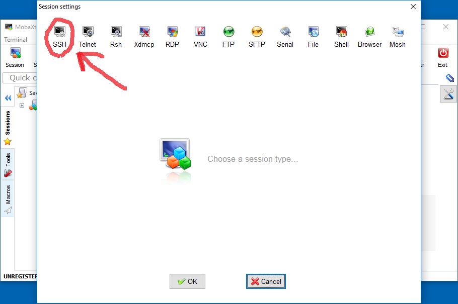 Image of the MobaXterm window, with SSH circled