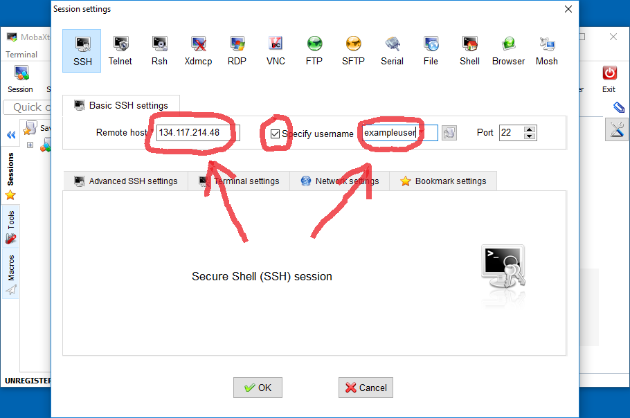 Image of the MobaXterm window, with SSH settings circled.